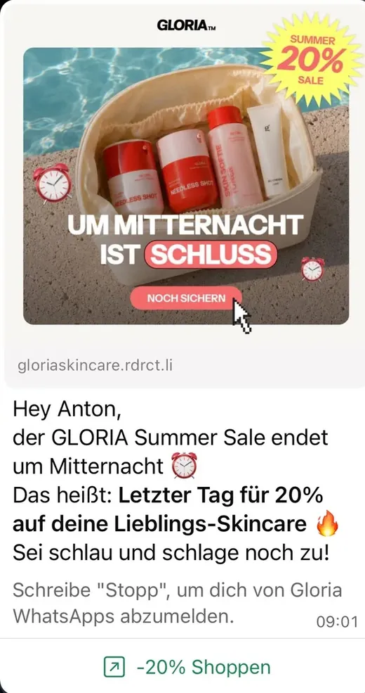 WhatsApp-Nachricht von Gloria Skincare