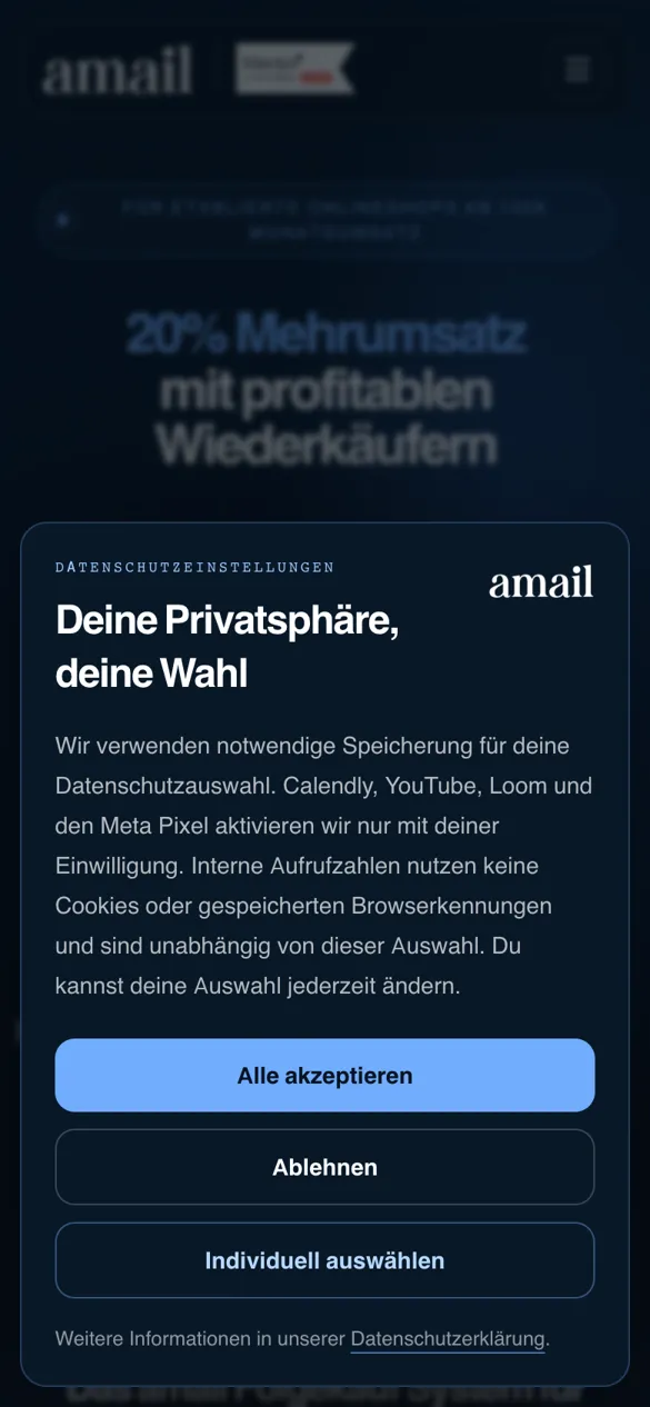 Aktuelle Startseite am Handy mit Cookie-Fenster